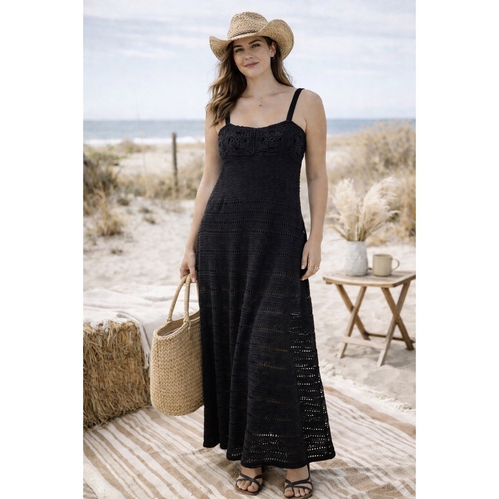 Zara Black Crochet Maxi Dress Small‎ Sleeveless Open Knit Summer Beach Boho